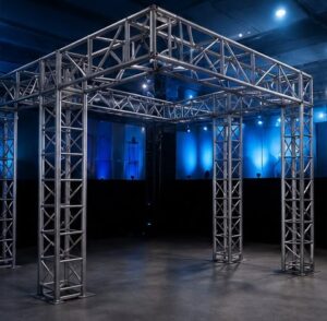 Box truss para painel de LED e iluminação em evento corporativo