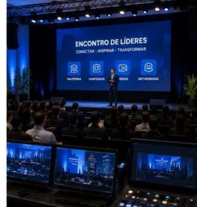 Painel LED e estrutura audiovisual para palestrantes, vídeos e acompanhamento da programação
