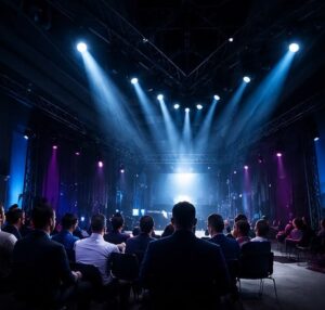 Iluminação profissional para palco de evento corporativo