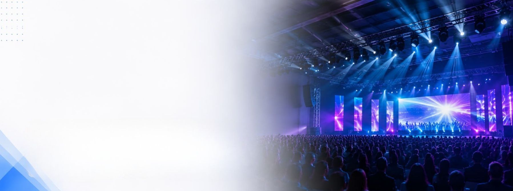 Evento corporativo com painel de LED, sonorização, iluminação, palco e estrutura audiovisual