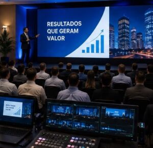 Painel LED e estrutura audiovisual para apresentação empresarial com vídeos, indicadores e conteúdos institucionais