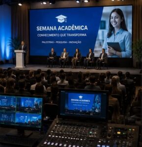 Painel LED, sonorização e recursos audiovisuais para evento acadêmico com professores e convidados