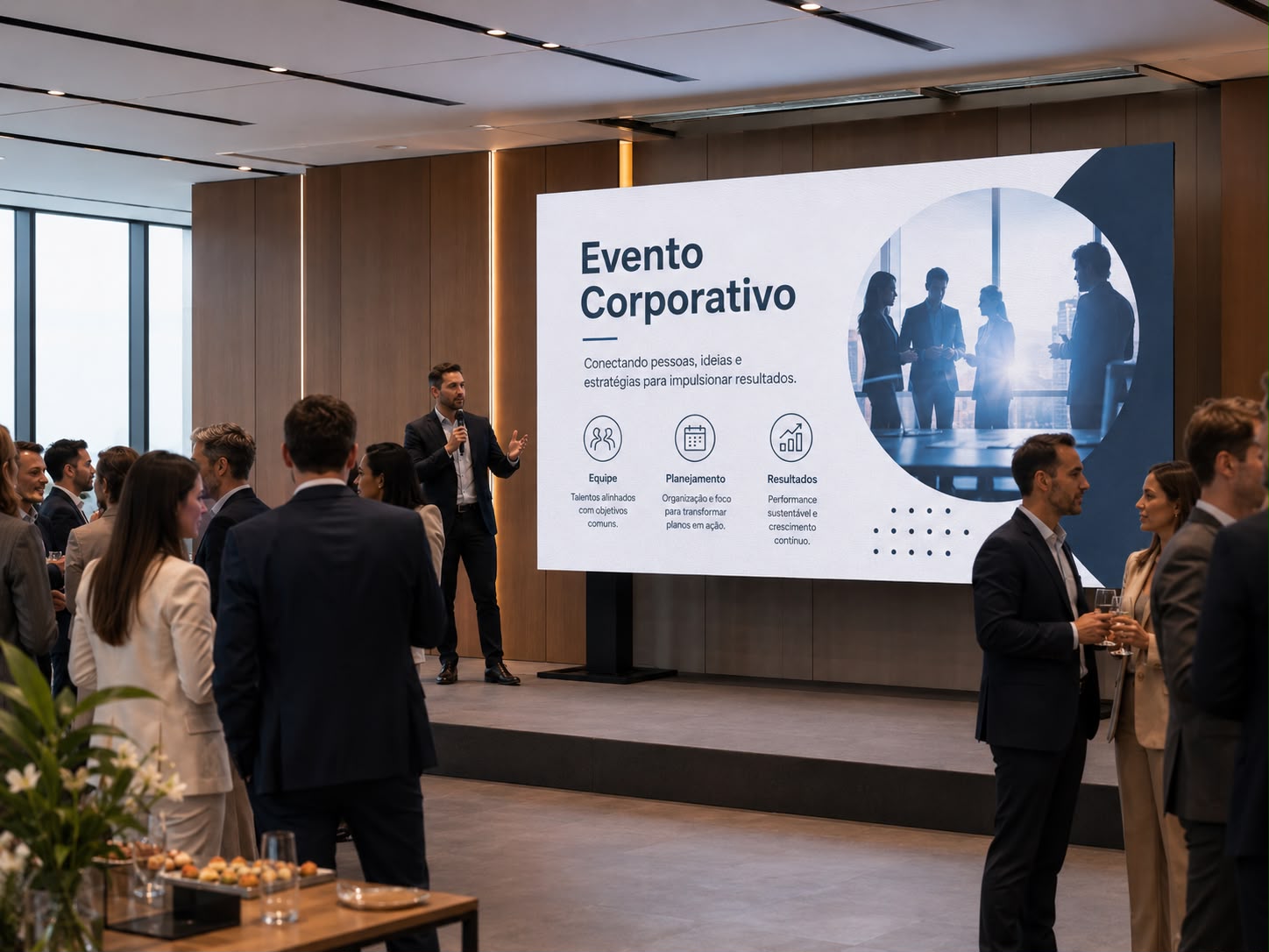 Painel LED durante apresentação em evento corporativo