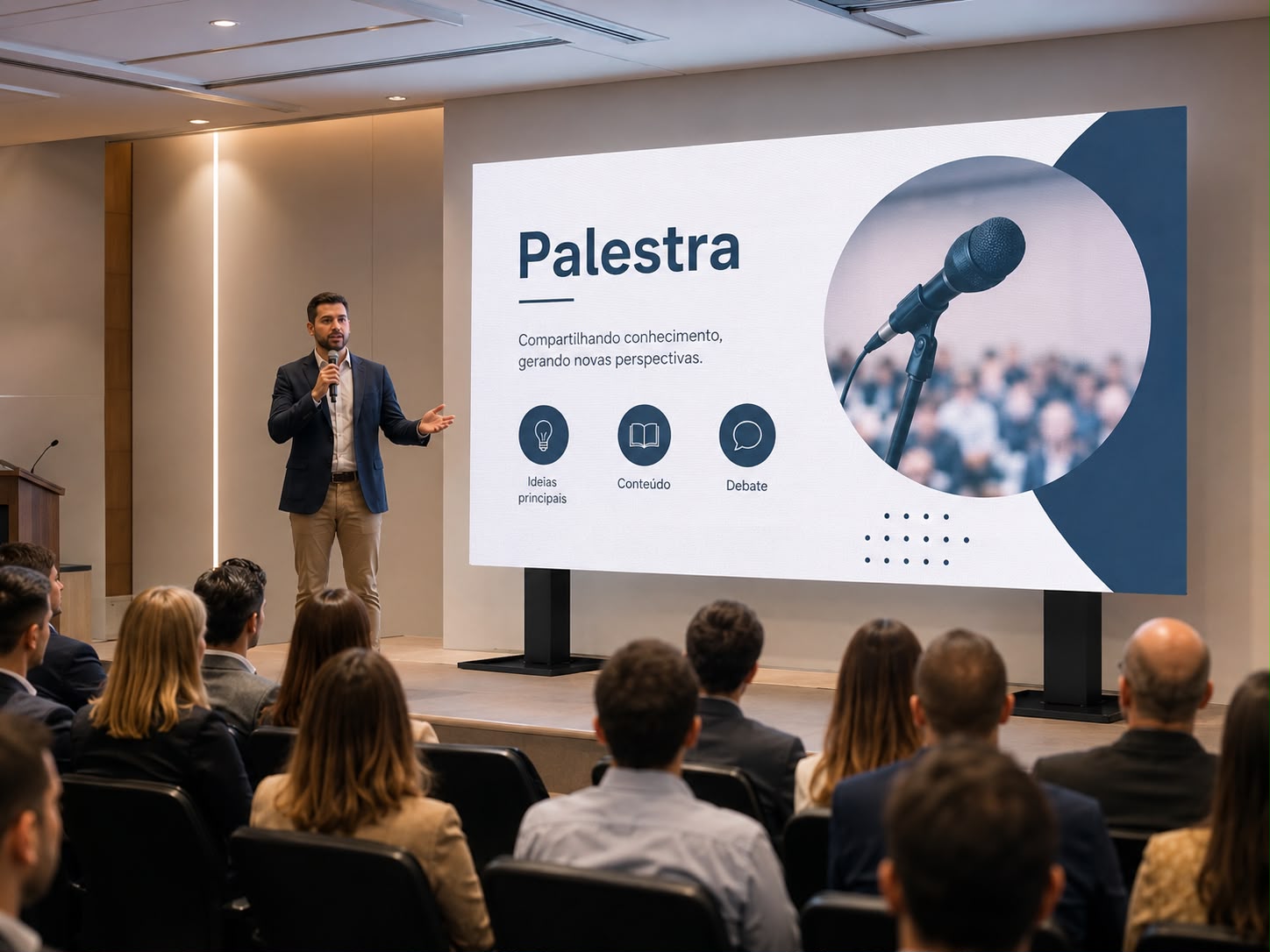 Painel LED exibindo slides e vídeos durante palestra corporativa