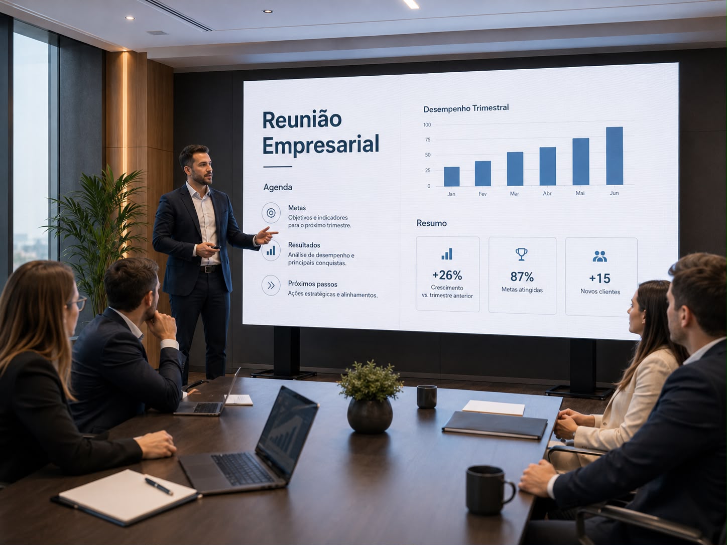Painel LED utilizado para gráficos e apresentações em reunião empresarial