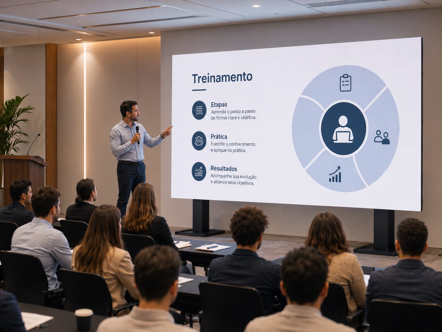 Painel LED e sonorização utilizados em treinamento empresarial